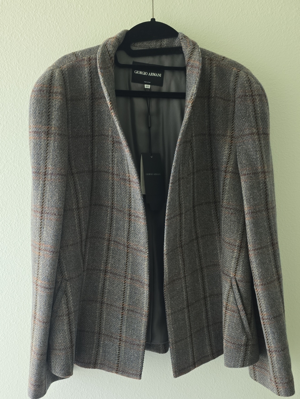 NEW Giorgio Armani Gray Plaid Open-Front Women's Blazer with Brown Windowpane